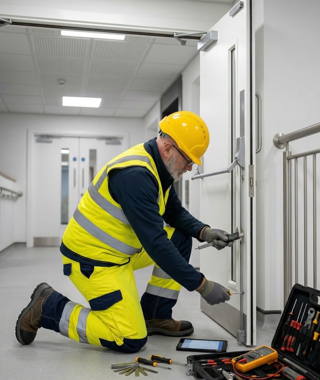Construction Compliance engineer installing and adjusting a fire door in a live commercial corridor