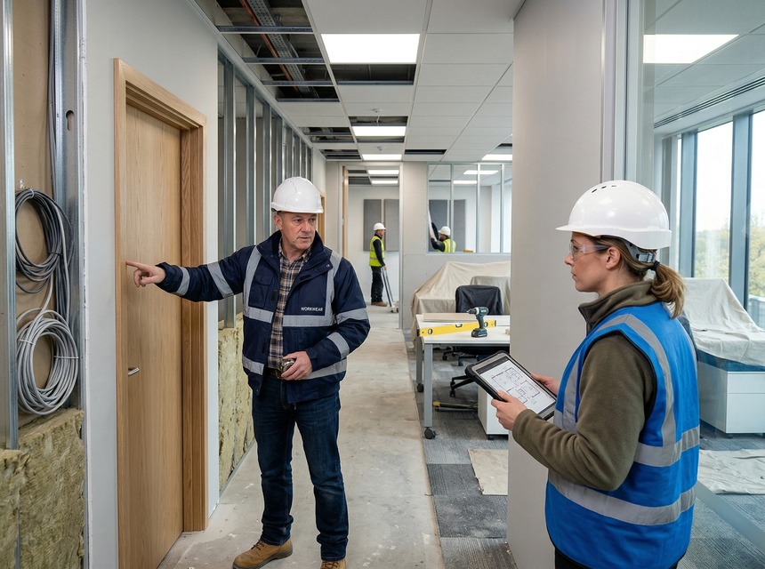 Commercial fit out supervisor and engineer reviewing remedial quality controls